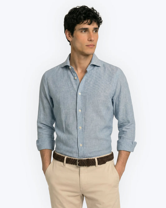 CAMISA AZUL LINO CON RAYA BLANCA TWAY