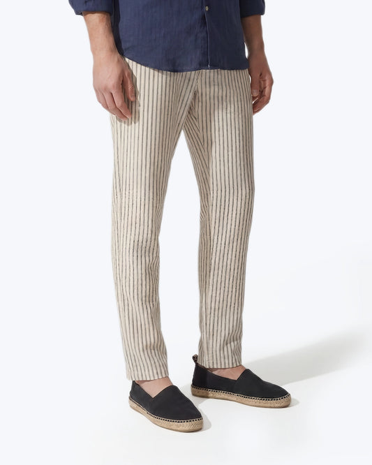 PANTALON CHINO DE LINO BEIGE CON RAYAS AZULES HARTFORD